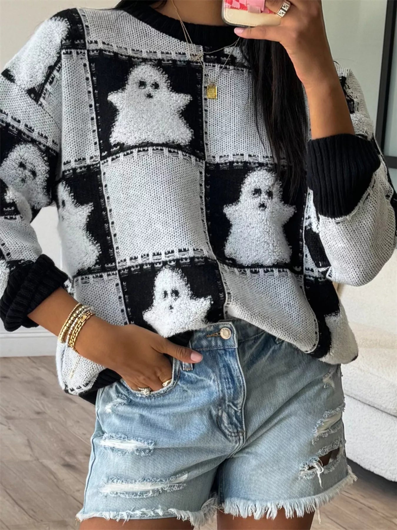 Halloween Ghost Checkered Oversized Sweater Black White