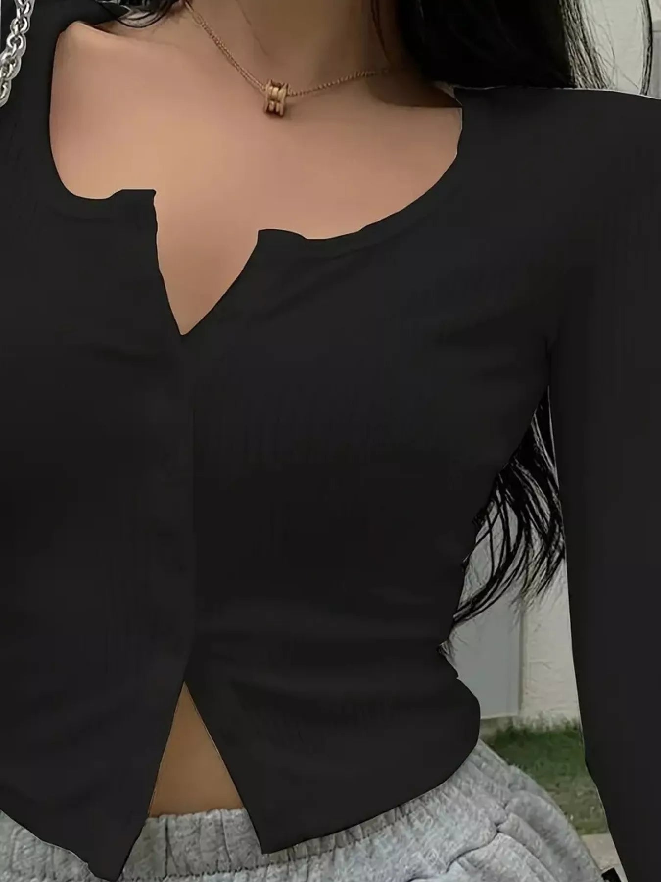 Ribbed Button-Front Long Sleeve Knit Top