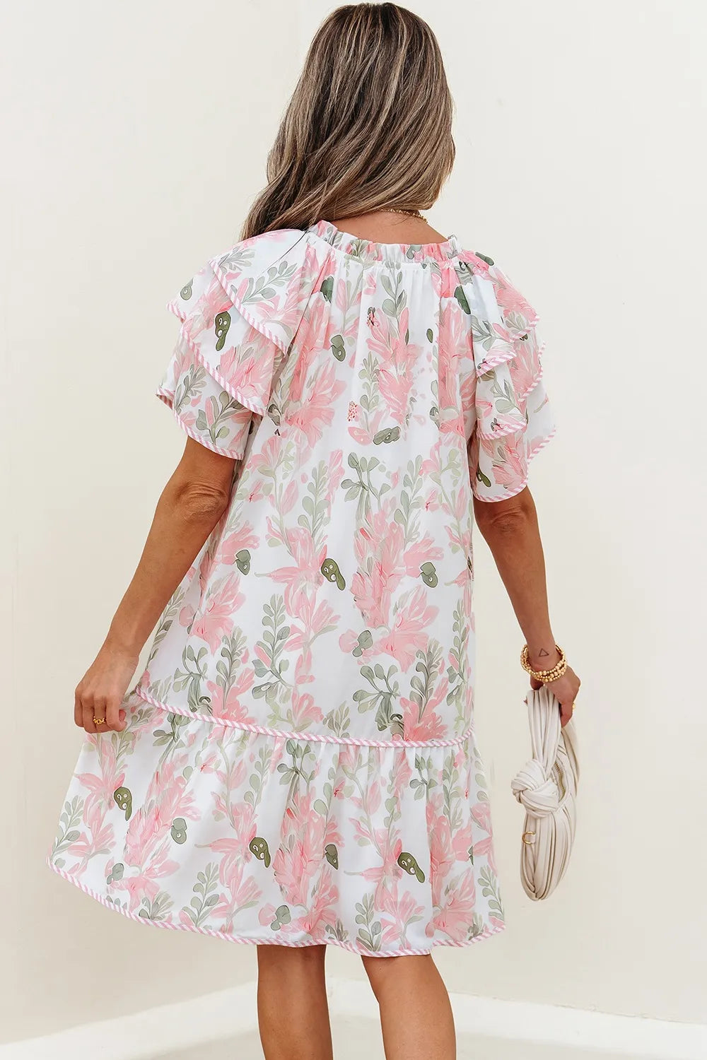 Floral Contrast Edge Mini Dress - Ruffled Short Sleeve Summer Look