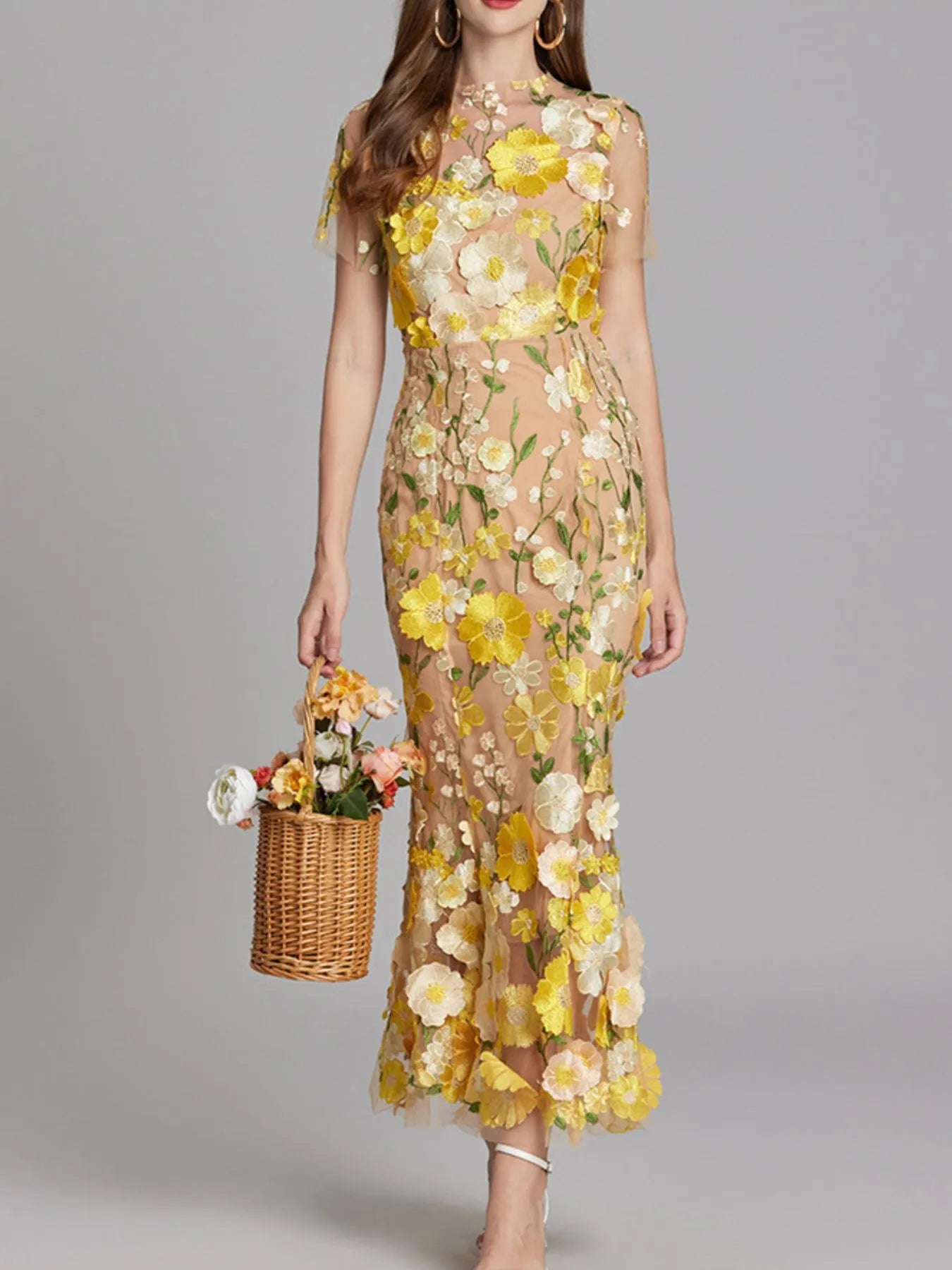 Embroidered Mesh Overlay Maxi Dress – Lined Evening Wear with Zipper Closure