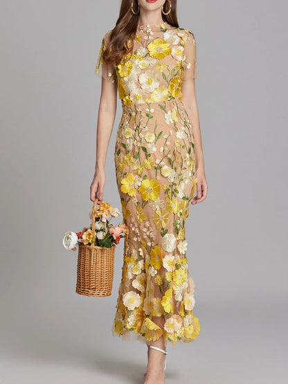 Embroidered Mesh Overlay Maxi Dress – Lined Evening Wear with Zipper Closure