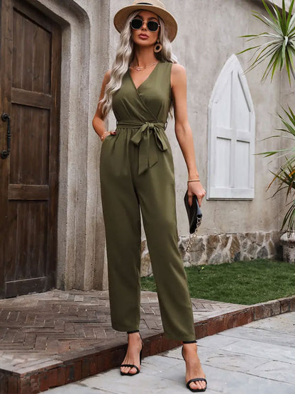 Surplice Tie-Waist Sleeveless Jumpsuit – Chic & Comfortable Army Green