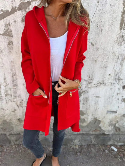 Full-Length Zip-Up Drop-Shoulder Hooded Jacket Red