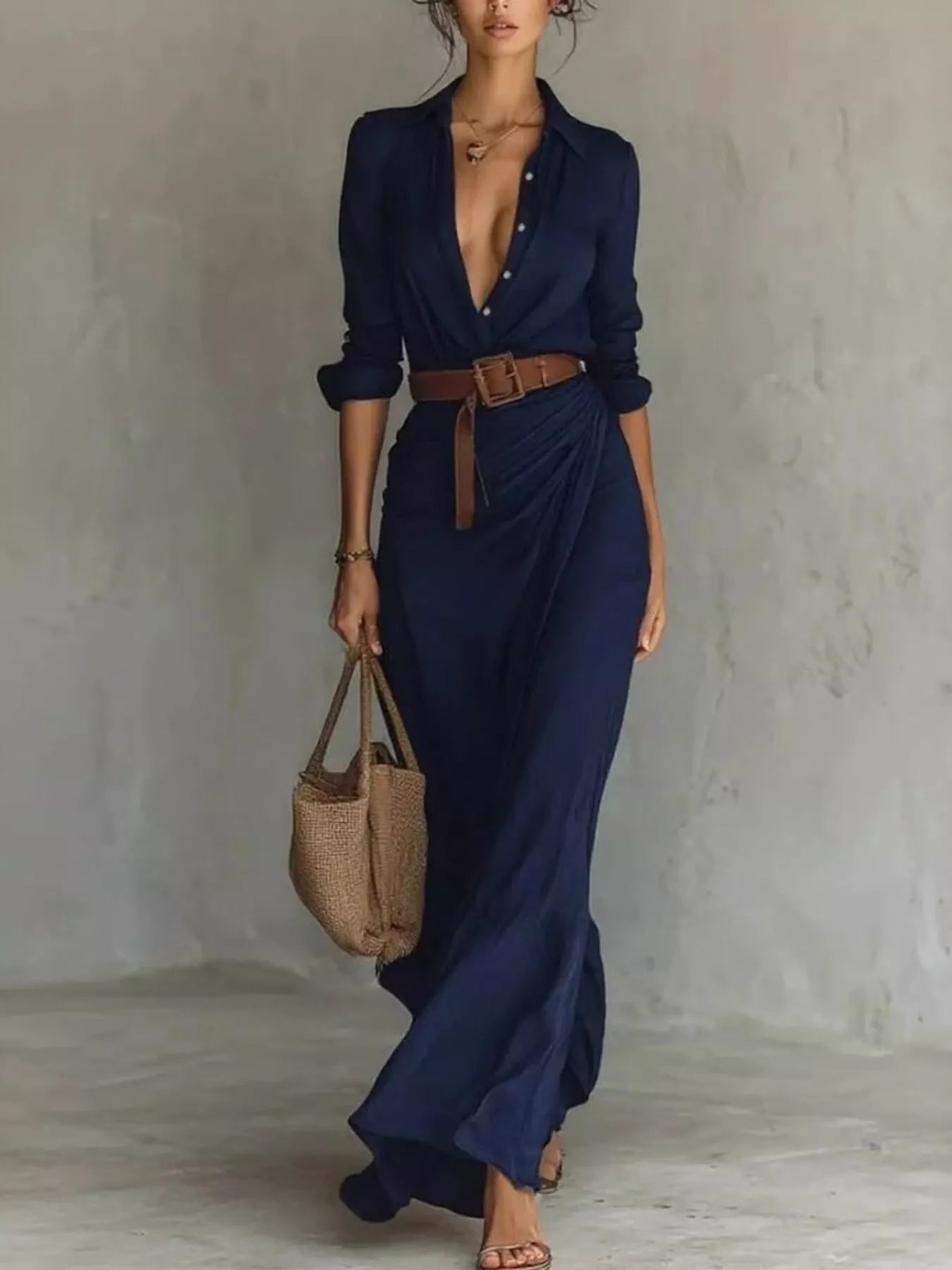 Ruched Button-Front Long Sleeve Maxi Dress (Plus Size) Navy
