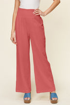 Double Take Full Size Textured Smocked Waist Wide Leg Pants Hot Pink