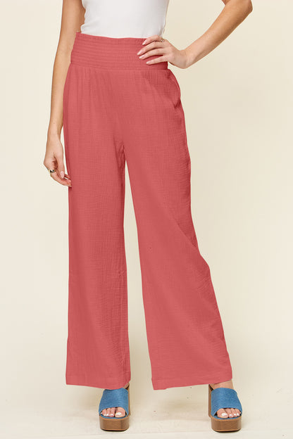 Double Take Full Size Textured Smocked Waist Wide Leg Pants Hot Pink