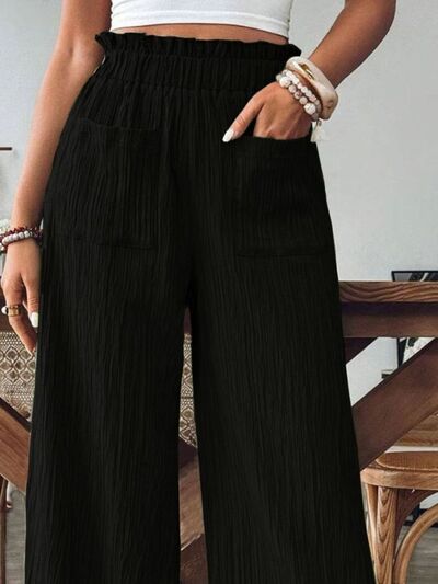 Elastic Waist Wide-Leg Pants with Pockets - Comfy & Chic