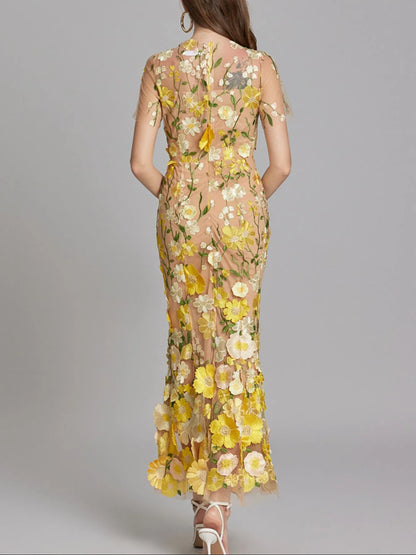 Embroidered Mesh Overlay Maxi Dress – Lined Evening Wear with Zipper Closure