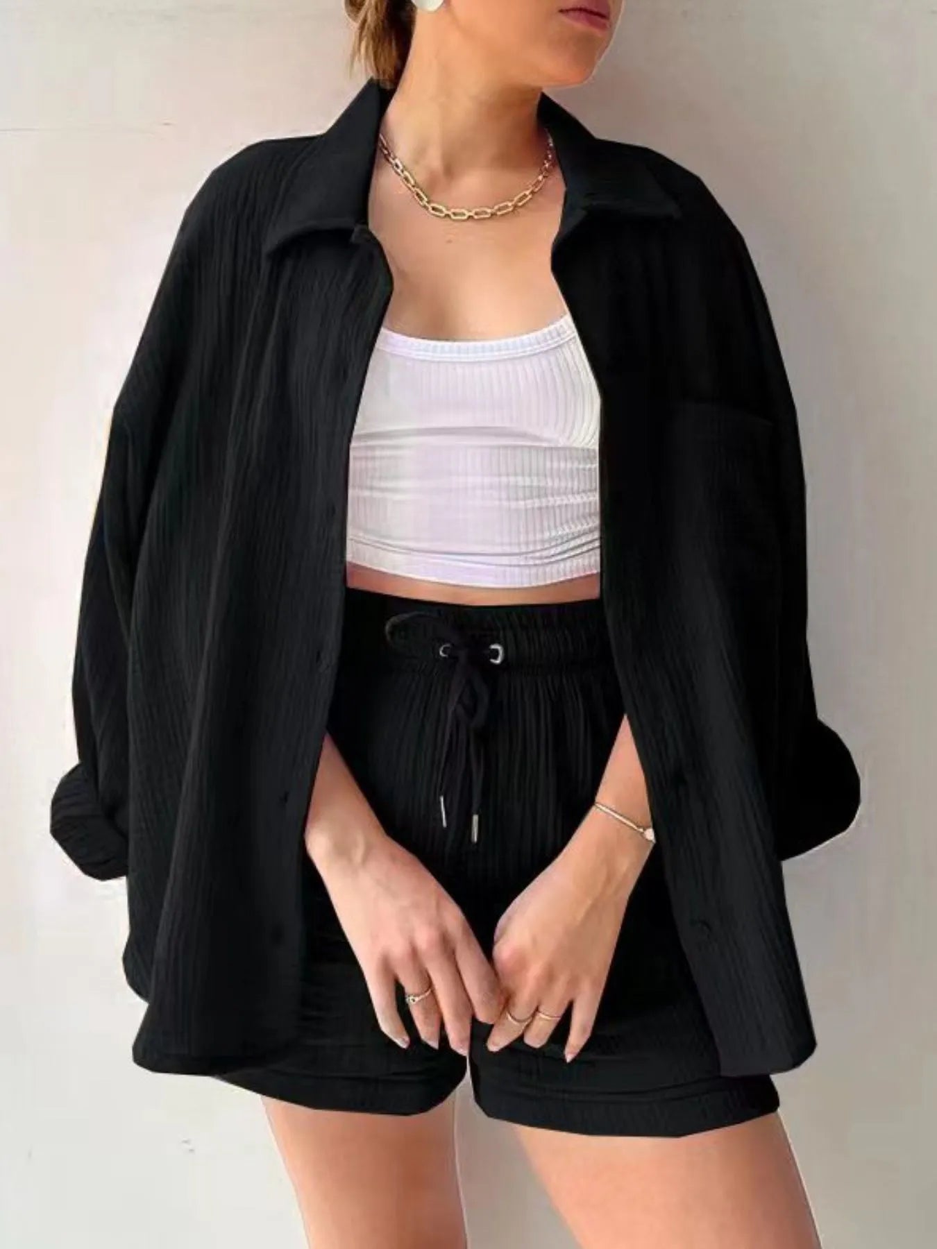Chic Textured Button-Up Shirt & Shorts Two-Piece Set Black