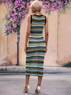 CoastEase Striped Sleeveless Round Neck Cover-Up Midi Dress