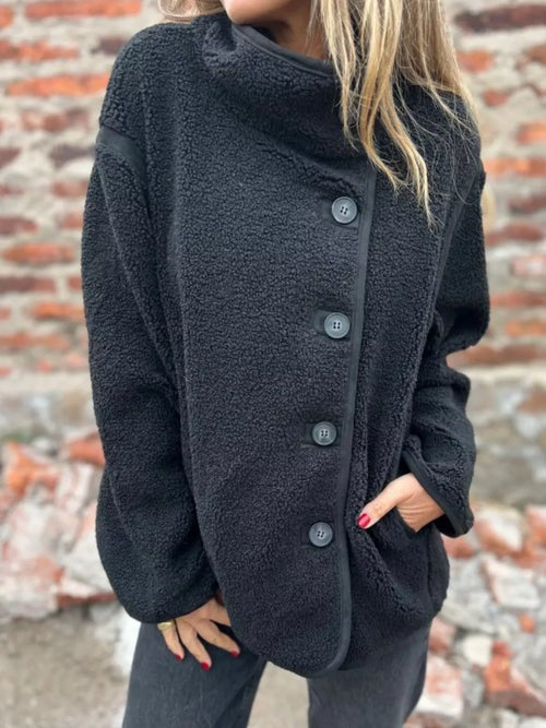 Button-Up Long Sleeve Fleece Jacket for Women – Plus Size Black