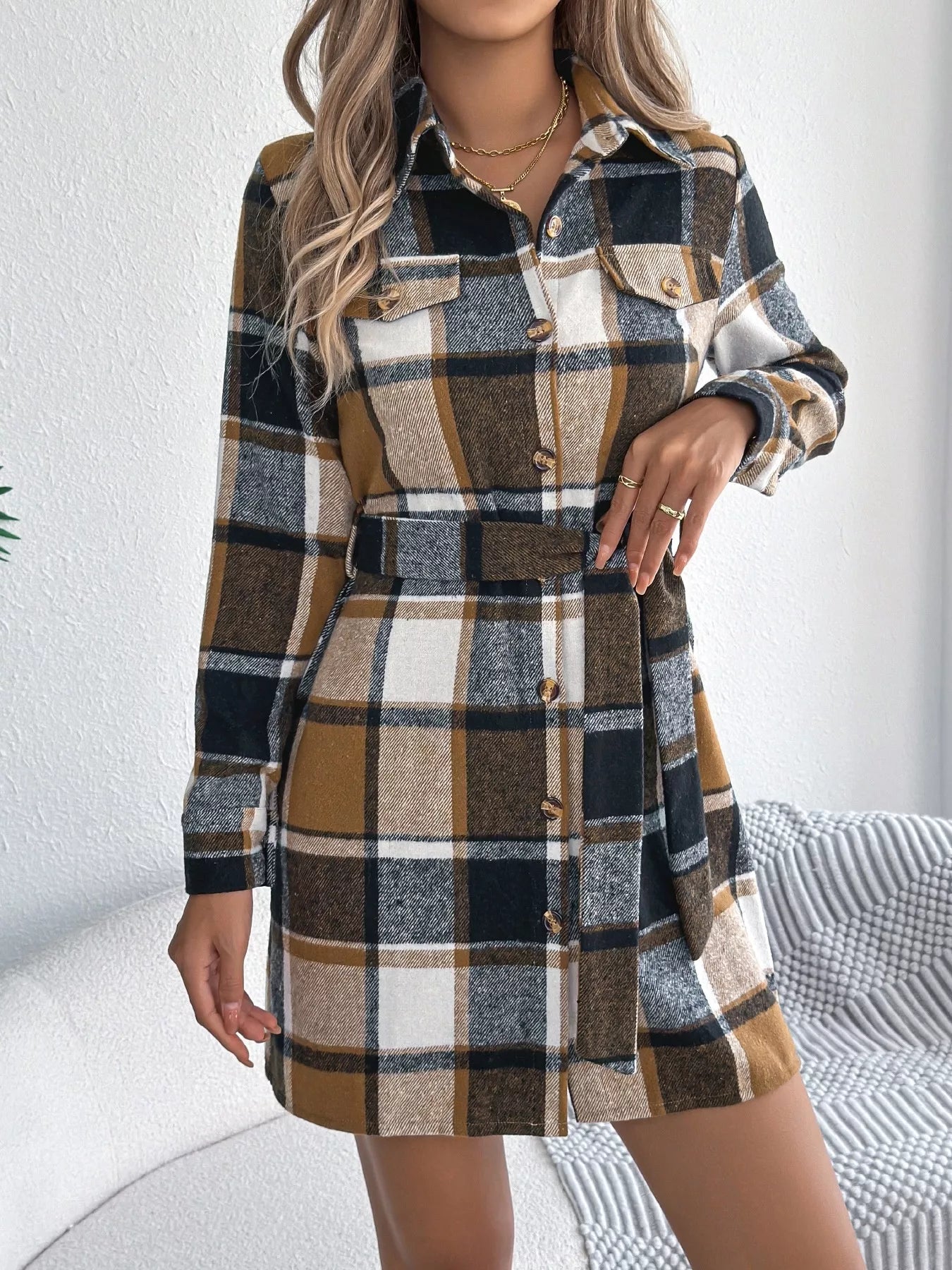 Plaid Button-Front Tie Waist Shirt Dress