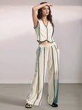 Striped Vest & Wide-Leg Pants Two-Piece Set Beige