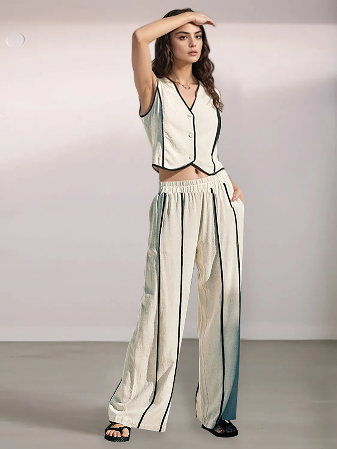 Striped Vest & Wide-Leg Pants Two-Piece Set Beige