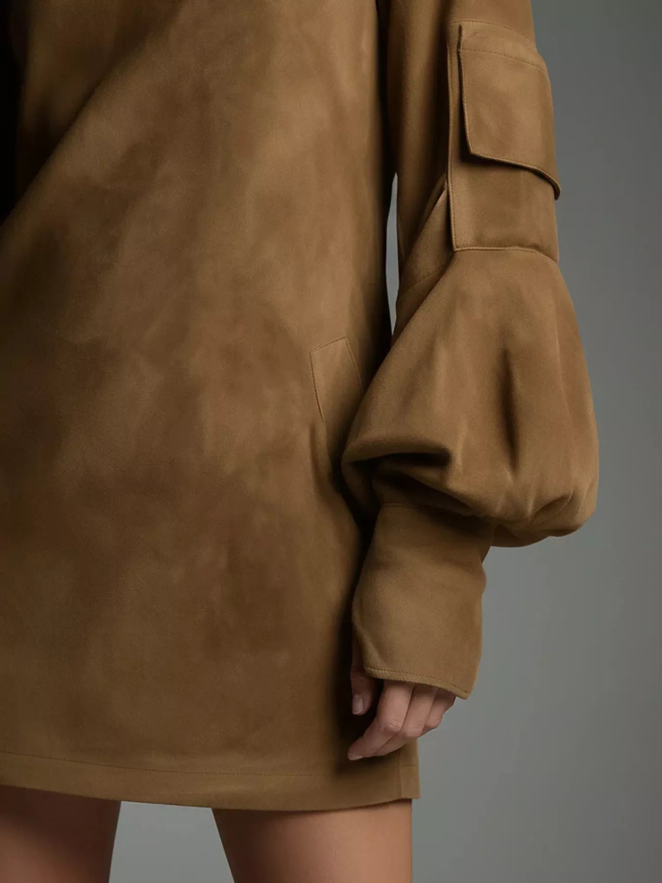 Full-Size Suede Turtleneck Lantern Sleeve Mini Dress