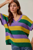 SO ME Mardi Gras Loose-Fit V-Neck Striped Sweater Top