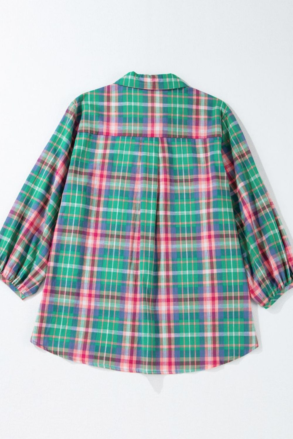 Plaid Collared Neck Three-Quarter Sleeve Shirt