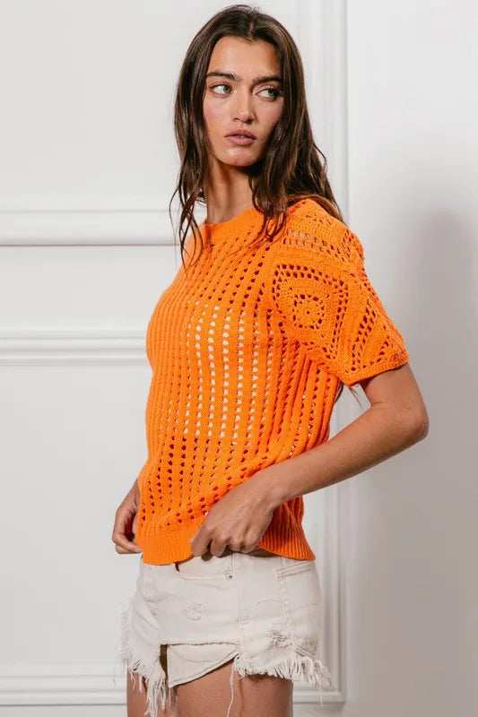 BiBi Puff Sleeve Crochet Knit Beach Cover-Up