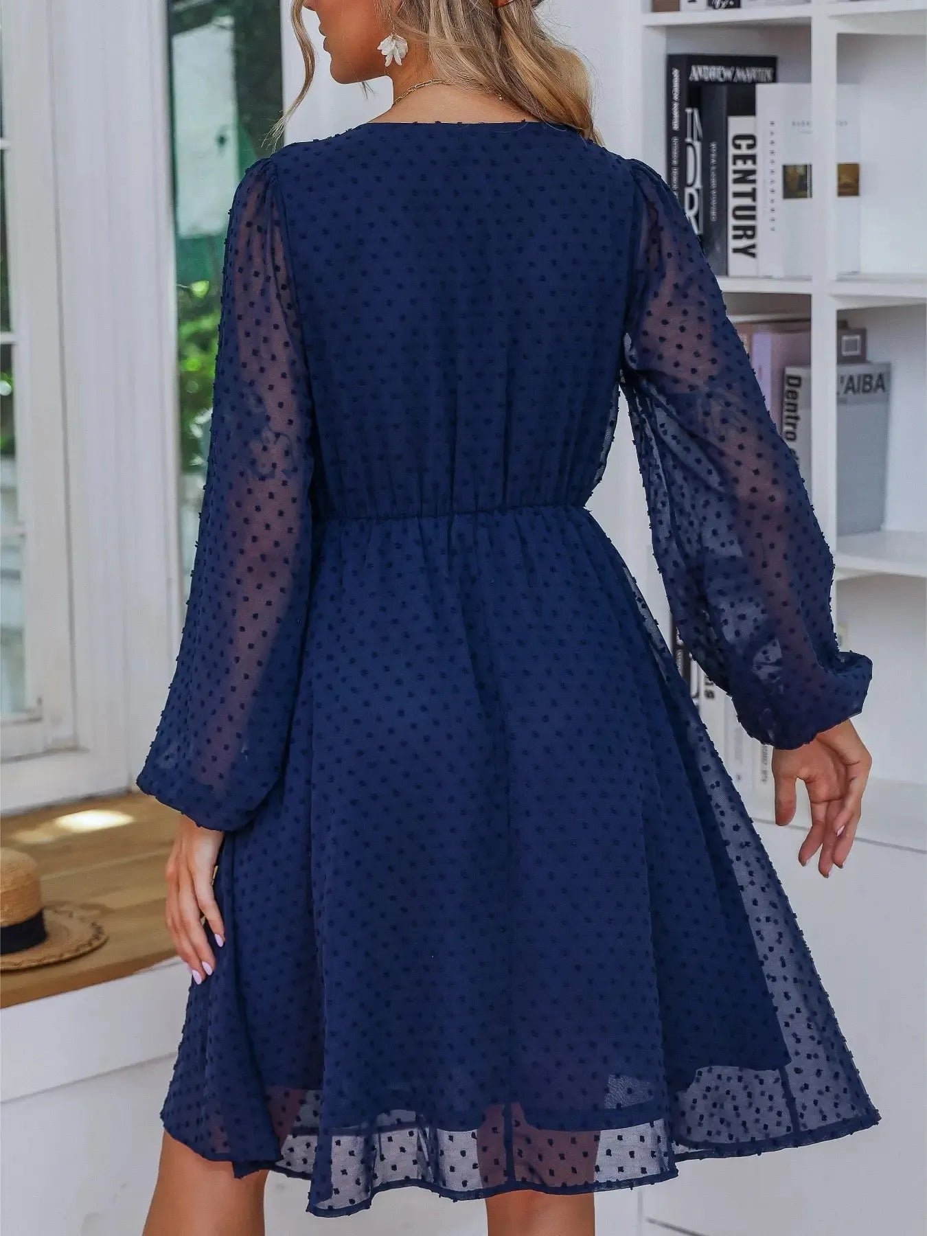 Swiss Dot Mesh V-Neck Dress with Balloon Sleeves