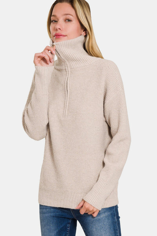 Zenana Half-Zip Ribbed Long Sleeve Sweater Mocha