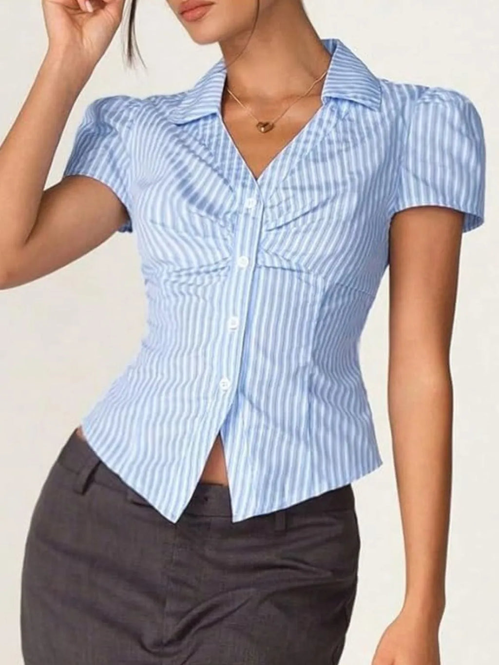 Striped Short Sleeve Button-Up Shirt with Collared Neck