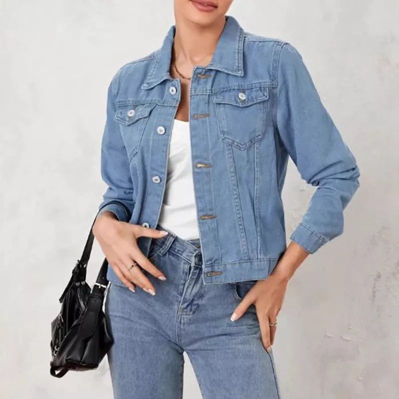 Button-Up Long Sleeve Denim Jacket with Pockets Light Blue