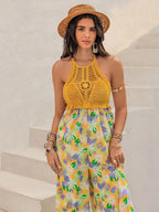 Openwork Halter-Neck Floral Wide-Leg Jumpsuit