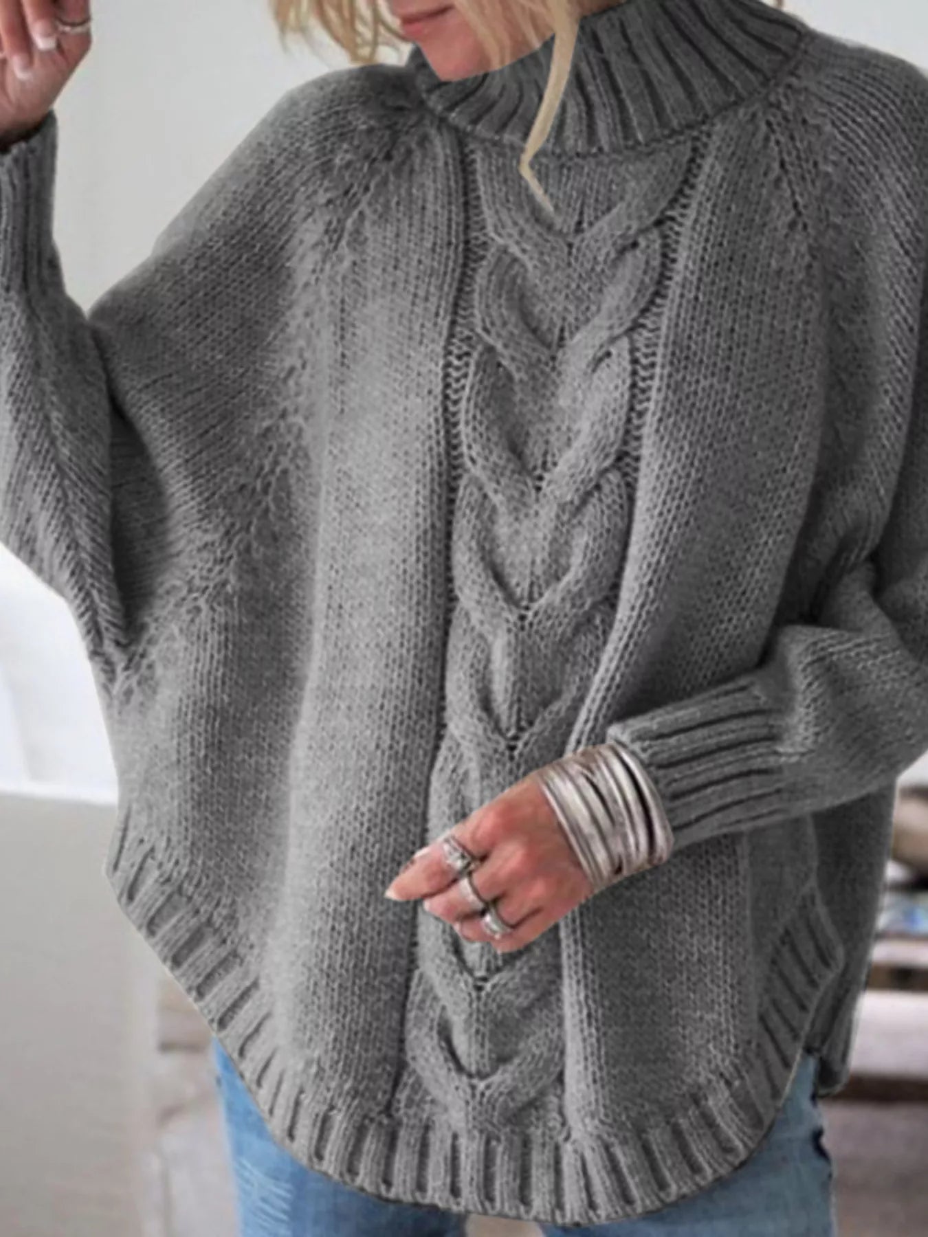 Full-Size Cable-Knit Long Sleeve Sweater (Plus Size) Grey