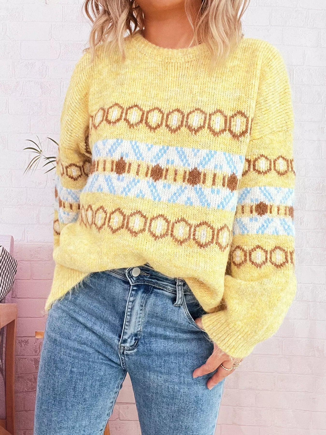 Contrast Color Round Neck Drop Shoulder Sweater