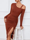 Ruched Ribbed Bodycon Dress with Asymmetrical Neckline Rust