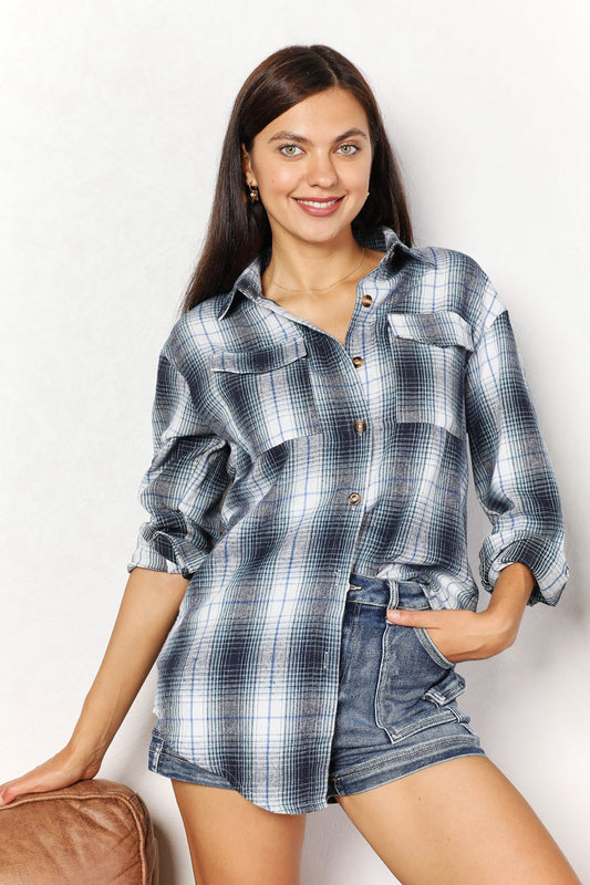 Mandy Plaid Dropped Shoulder Long Sleeve Shirt Sky Blue