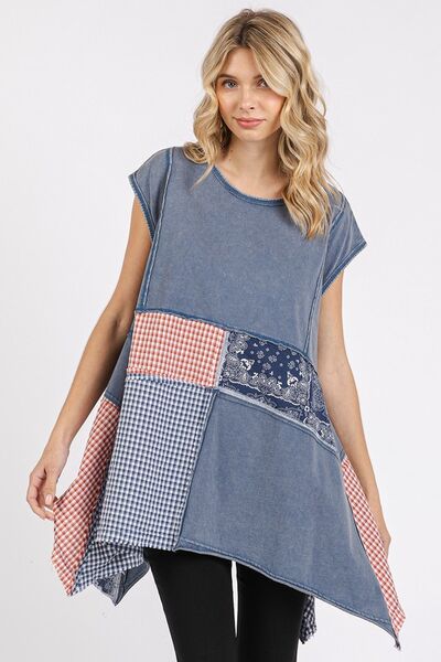 Mittoshop Patchwork Mineral Washed Round Neck Cap Sleeve Top