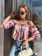 Printed Off-Shoulder Flounce Sleeve Blouse – Chic & Trendy Lavender