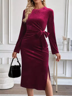 Velvet Side-Tie Slit Long Sleeve Dress