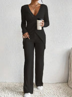 Surplice Long Sleeve Top & Pants Set - Chic Two-Piece Outfit Black