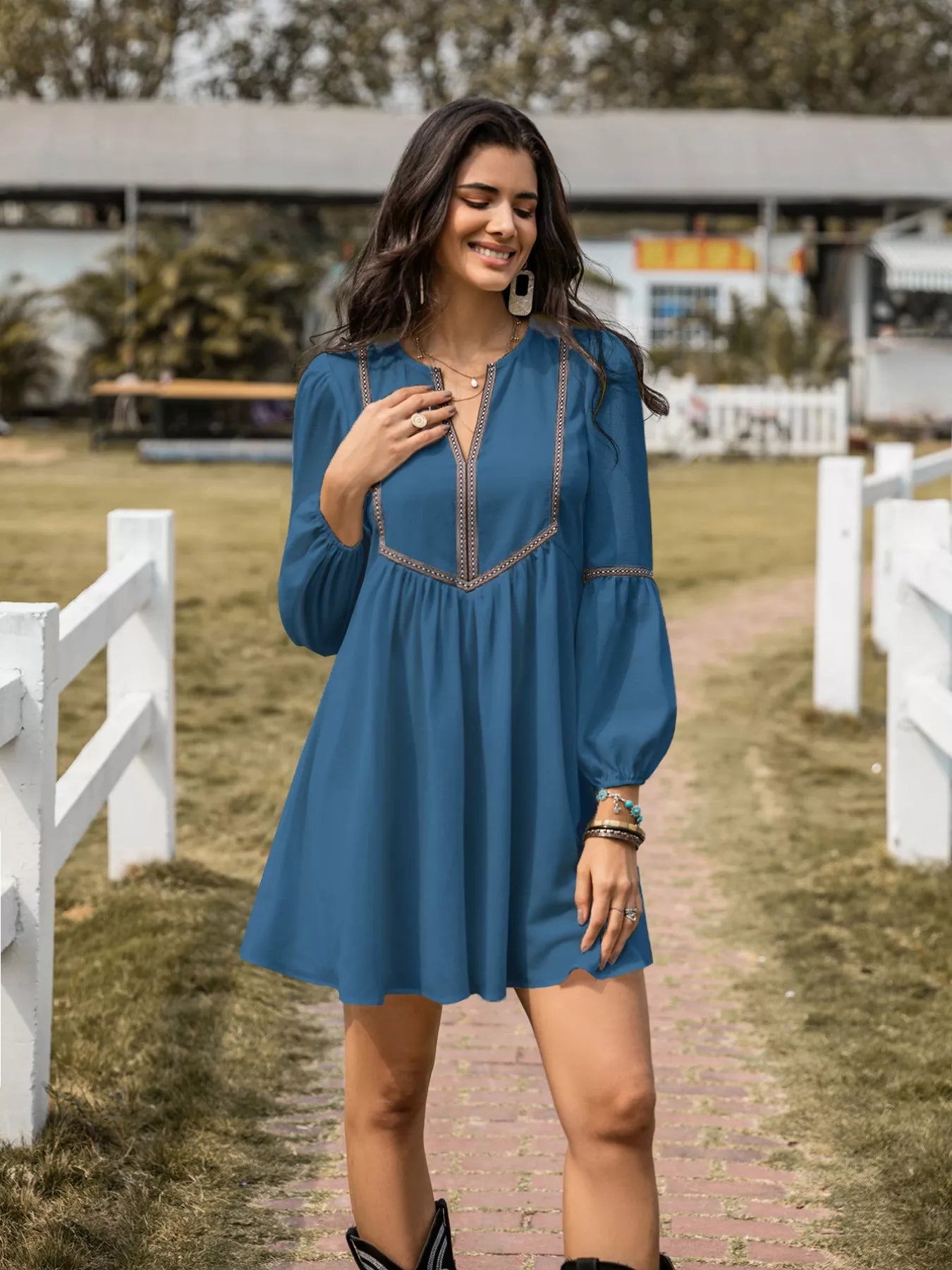 Notched Neck Balloon Sleeve Ruched Mini Dress