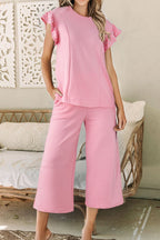 Textured Pearled Ruffled Sleeve Top and Wide Leg Pants Set Blush Pink