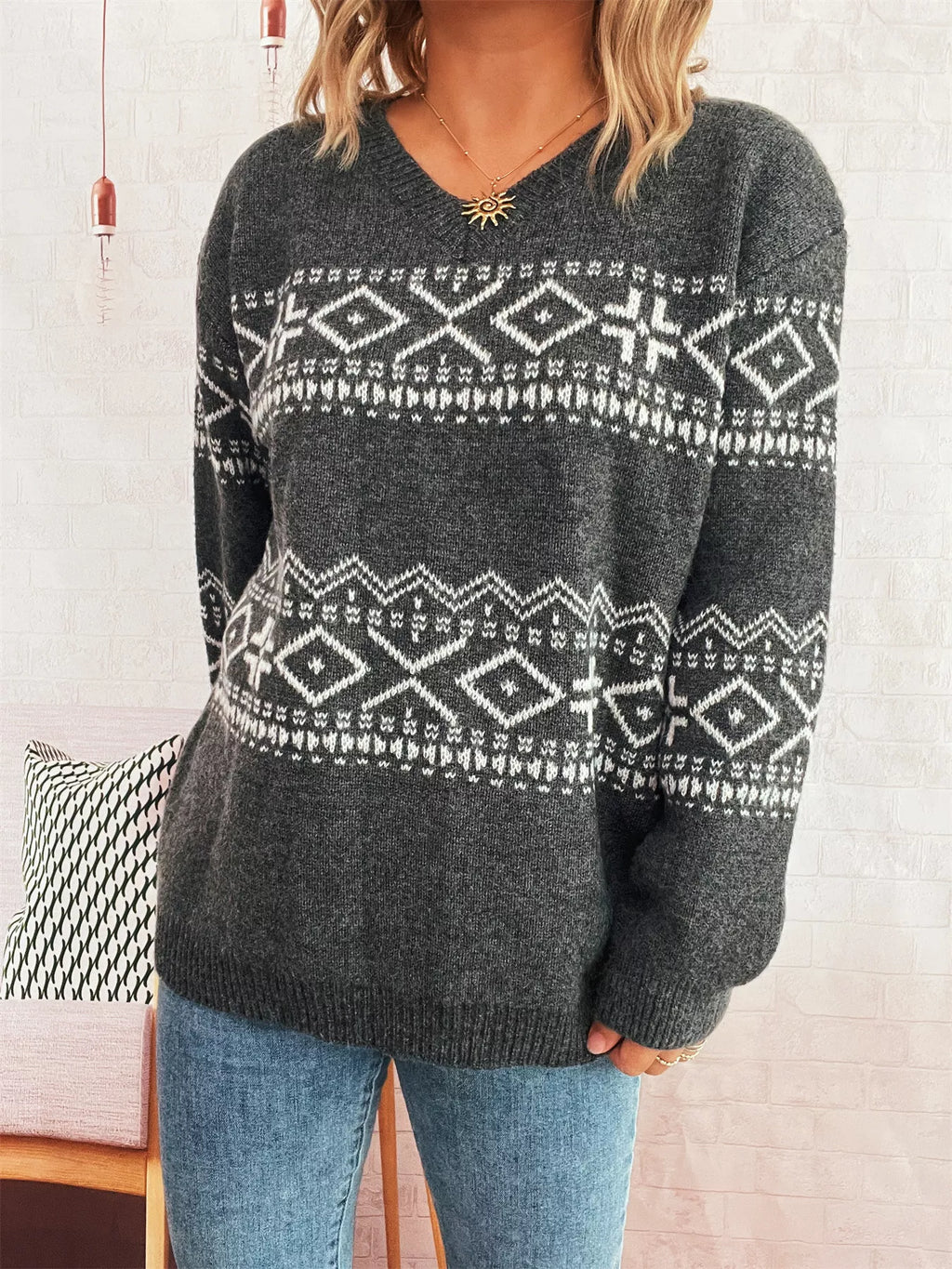 Geometric Print Dropped Shoulder Long Sleeve Sweater