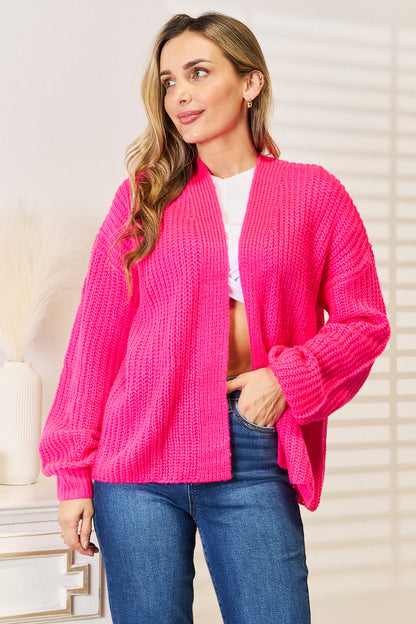 Woven Right Rib-Knit Open Front Cardigan with Drop Shoulders Hot Pink