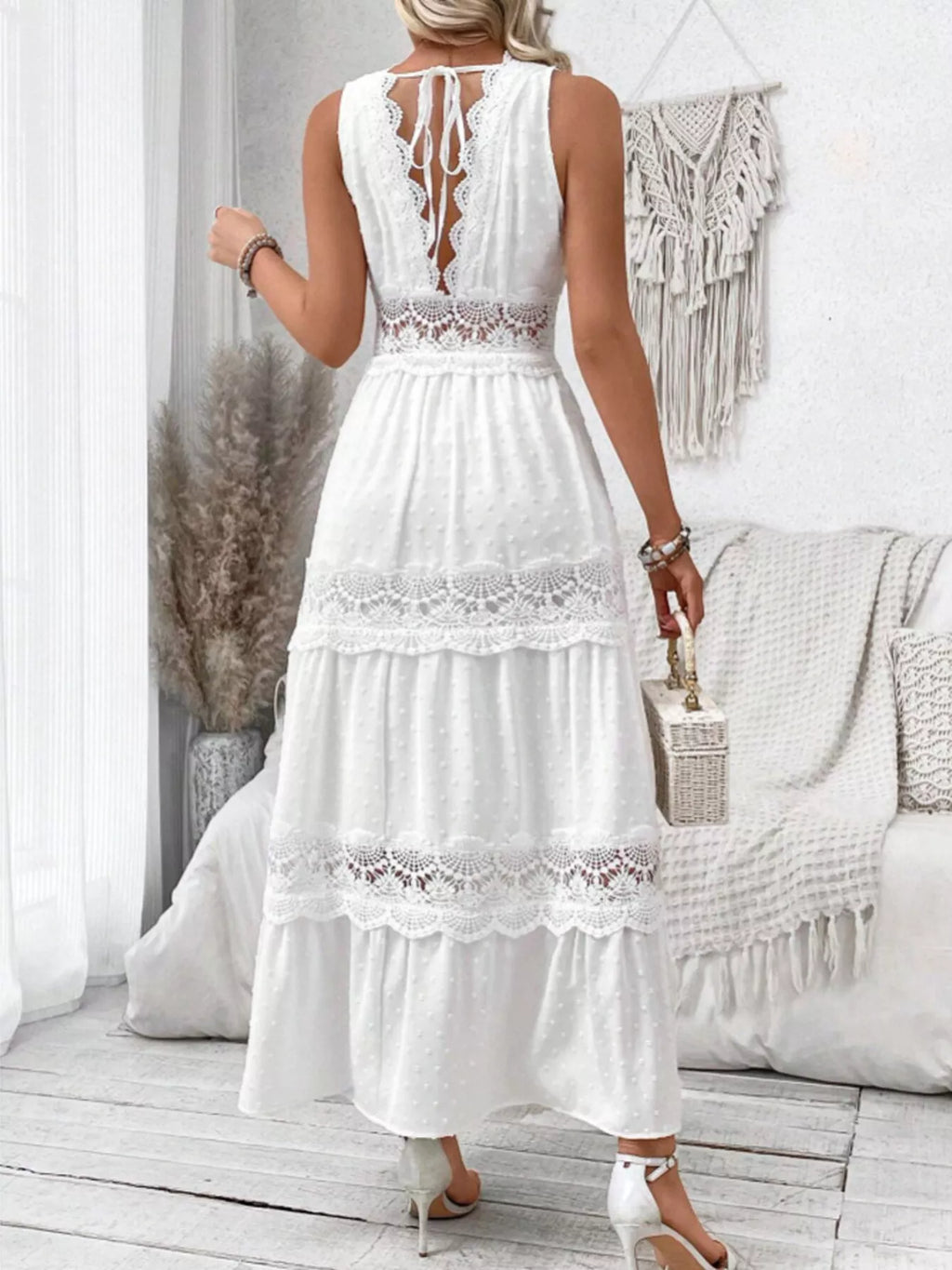 Plus Size Lace Detail Tie Back Sleeveless Tiered Maxi Dress