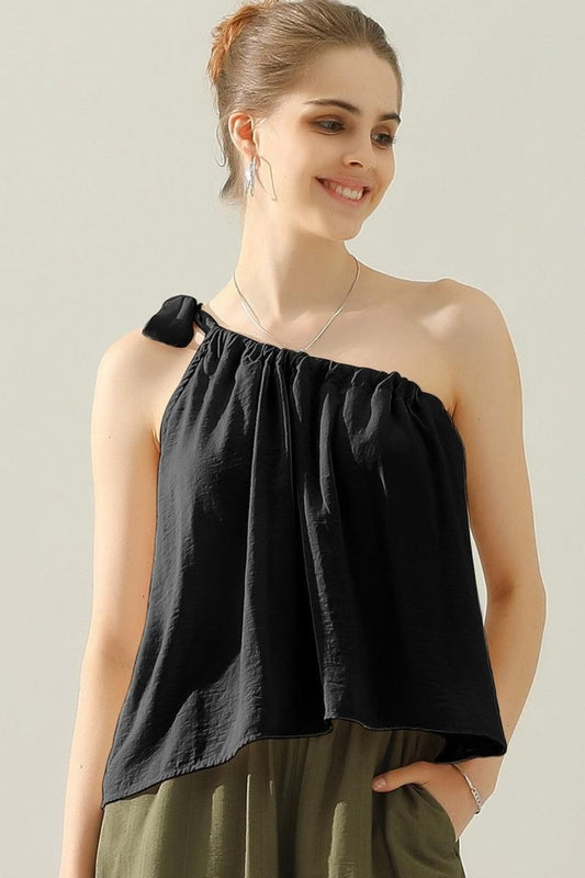 Ninexis One-Shoulder Bow Tie Strap Satin Silk Top Black