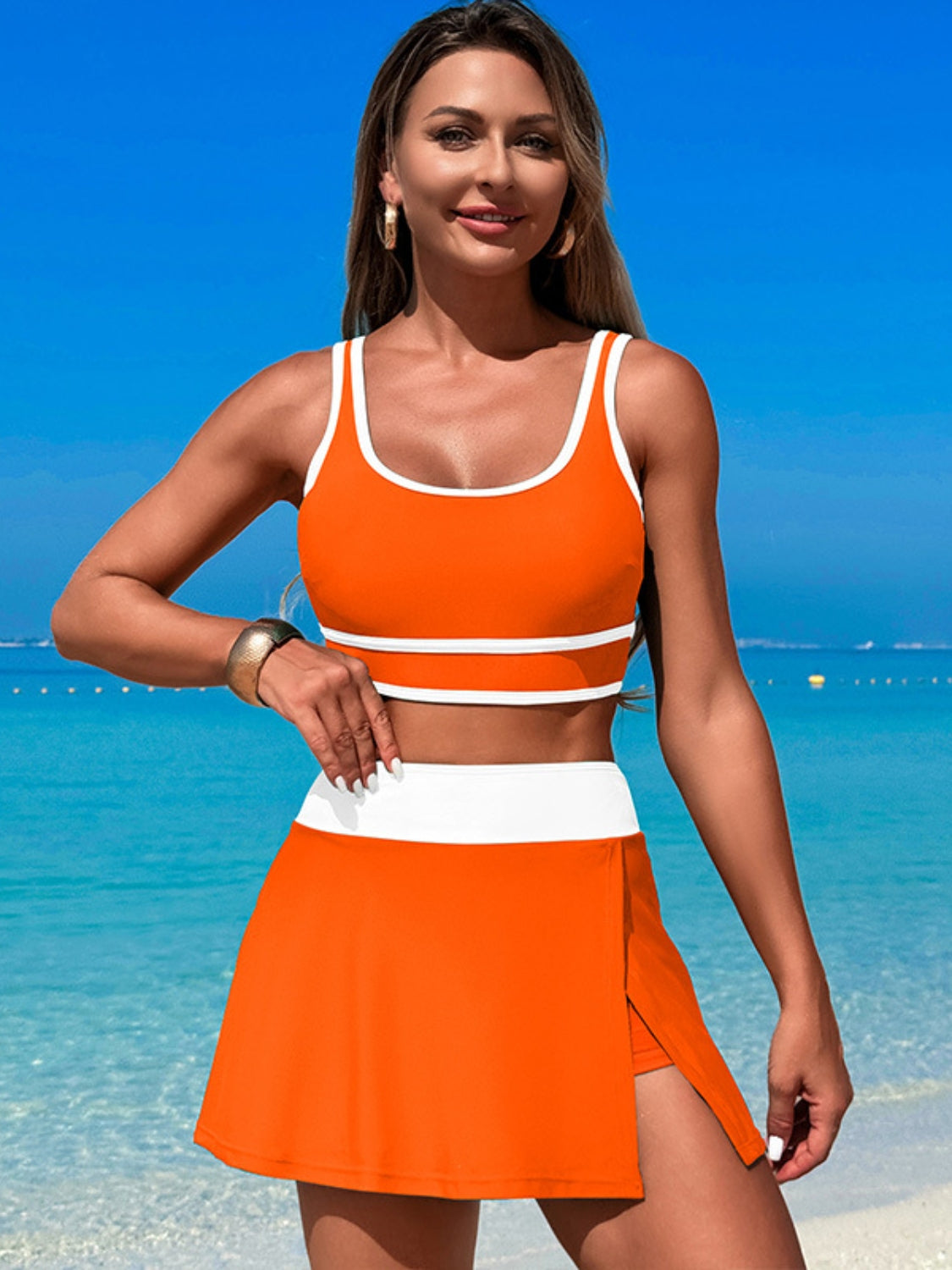 Scoop Neck Swim Set with Skort - Stylish & Comfortable