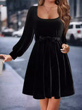Velvet Long Sleeve Belted A-Line Dress Black