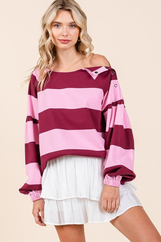 Mittoshop Striped Snap Shoulder Long Sleeve T-Shirt Pink Wine