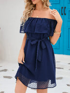 Off-Shoulder Sheer Mini Dress - Belted & Lined