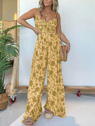 Full Size Printed Spaghetti Strap Wide Leg Jumpsuit - Trendy & Chic