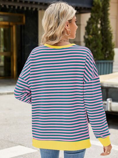 Chic Striped Slit Detail Long Sleeve Sweatshirt