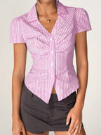 Striped Short Sleeve Button-Up Shirt with Collared Neck Pink