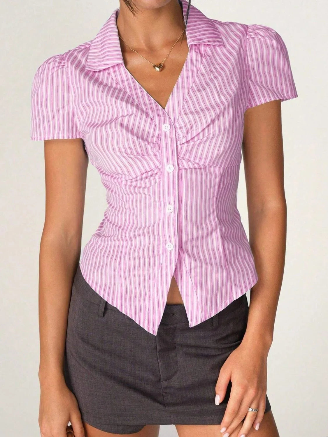 Striped Short Sleeve Button-Up Shirt with Collared Neck Pink