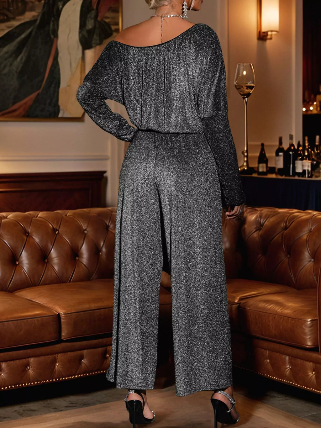 Elegant Glitter One-Shoulder Long Sleeve Wide-Leg Jumpsuit